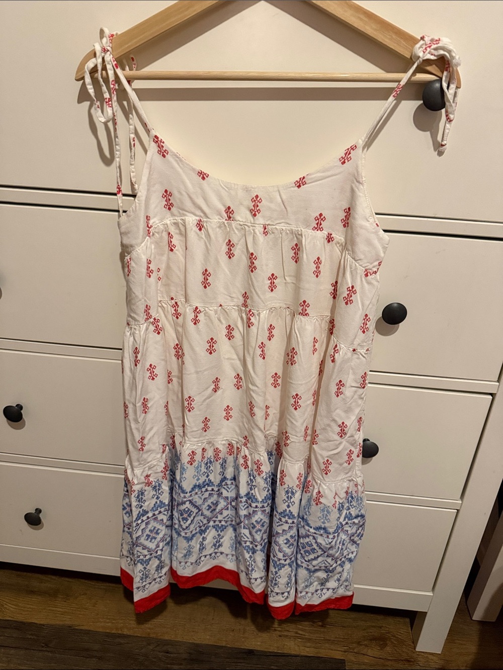 Altar'd State White Lined Sundress with Red & Blue Border Print